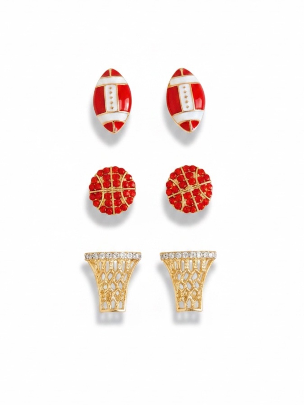 Rhinestone Basketball Net NBA Red Enamel Football NFL 3 Pairs Set Post Earrings